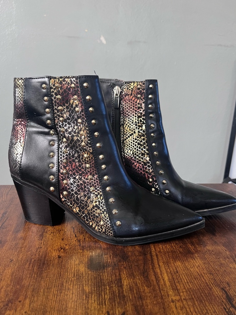 Nine West Black Ankle Boots with Multicolor Snake-Print Panels and Studs